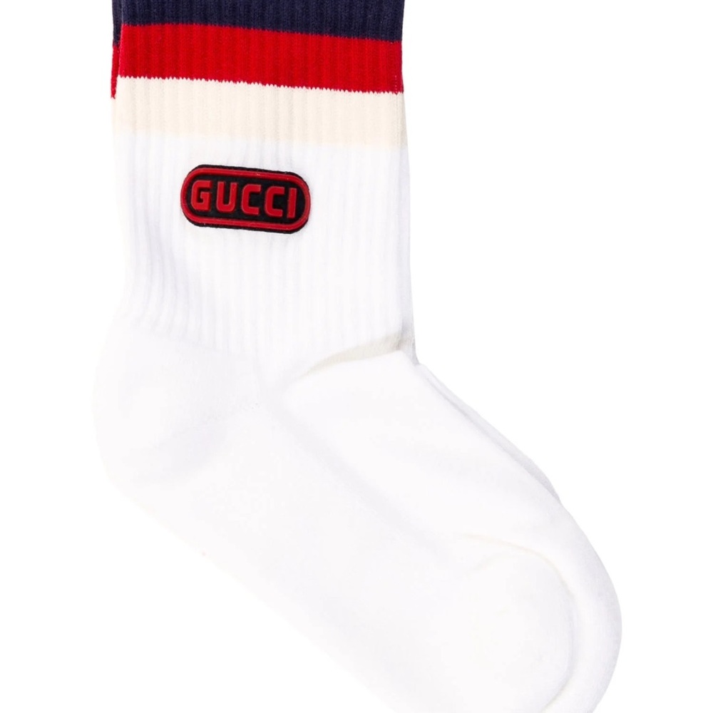 Gucci White Crew Socks with Navy, Red & Cream Stripes